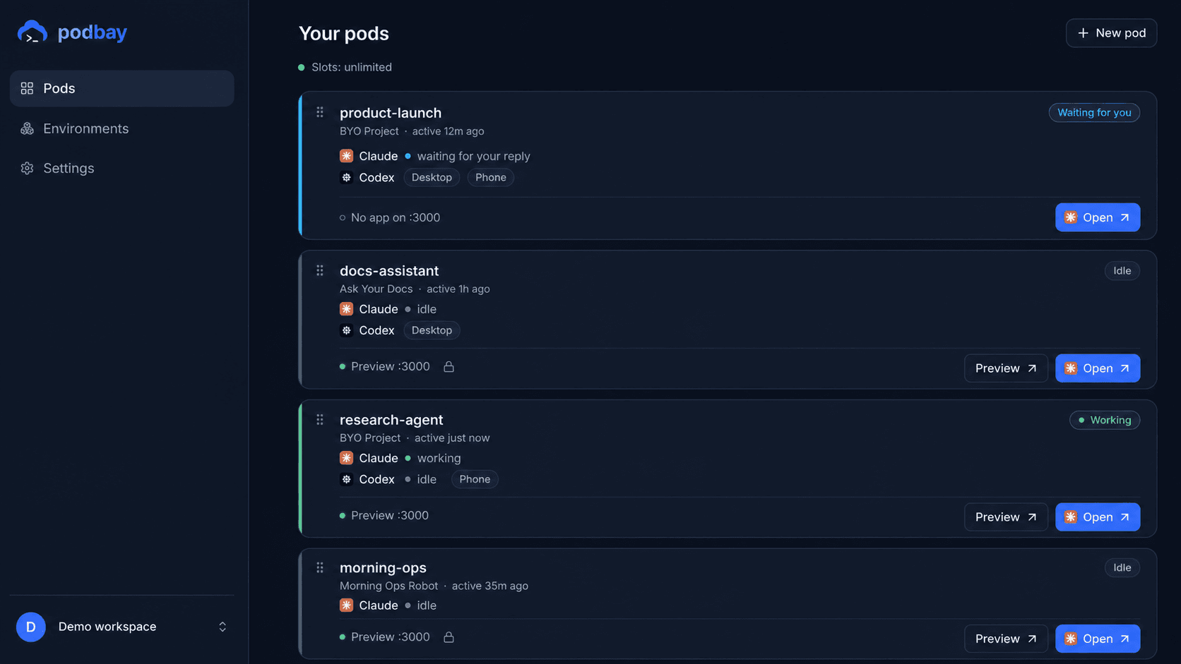 Podway dashboard showing pods that are working, idle, or waiting for a reply, with app previews
